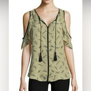 Libby Edelman SZ M sage green cold shoulder dragonfly blouse